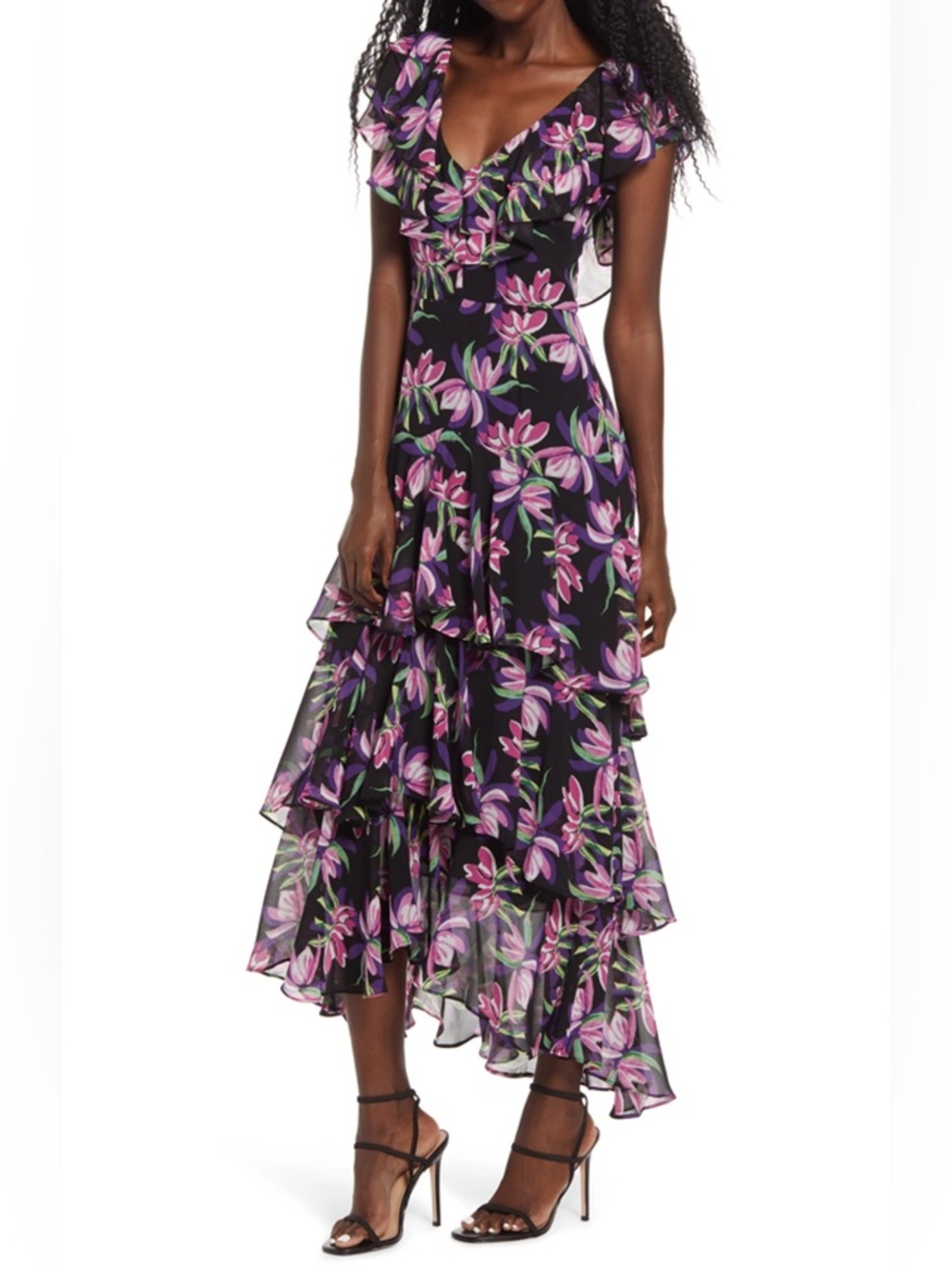 WAYF Floral Tiered Ruffle Maxi Dress Black Pink Boho Cottagecore V Neck Medium